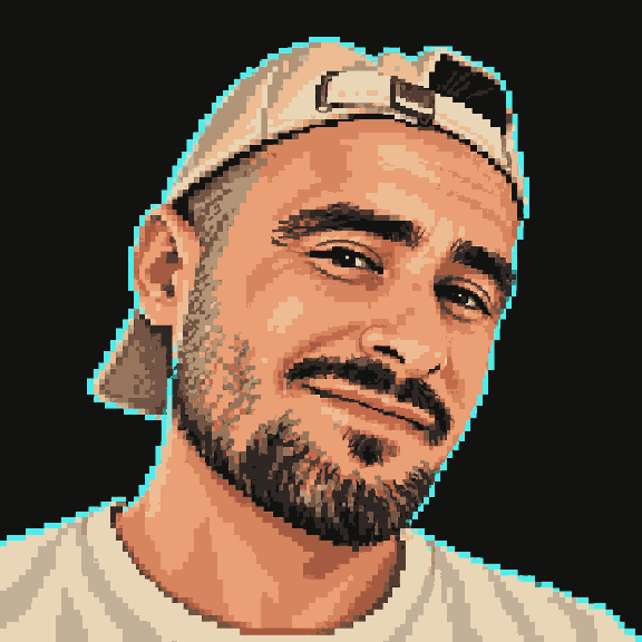 Pixel-art portrait of Irek Winnik wearing a backwards cap