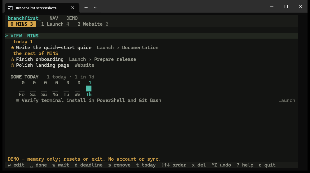 Installed BranchFirst CLI running in Windows Terminal, showing MINS with sample tasks