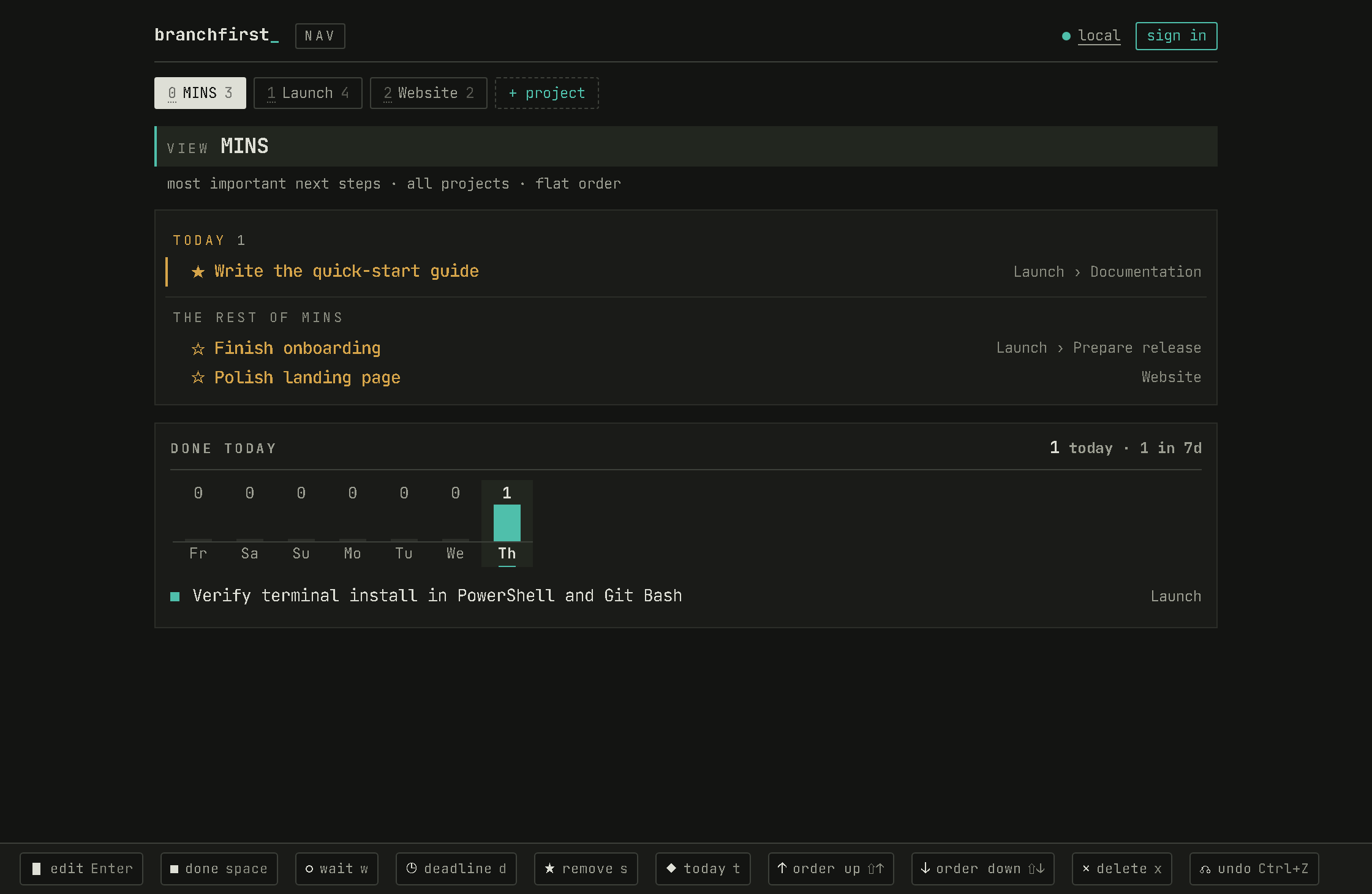 BranchFirst web app showing MINS, today’s next step and completed tasks